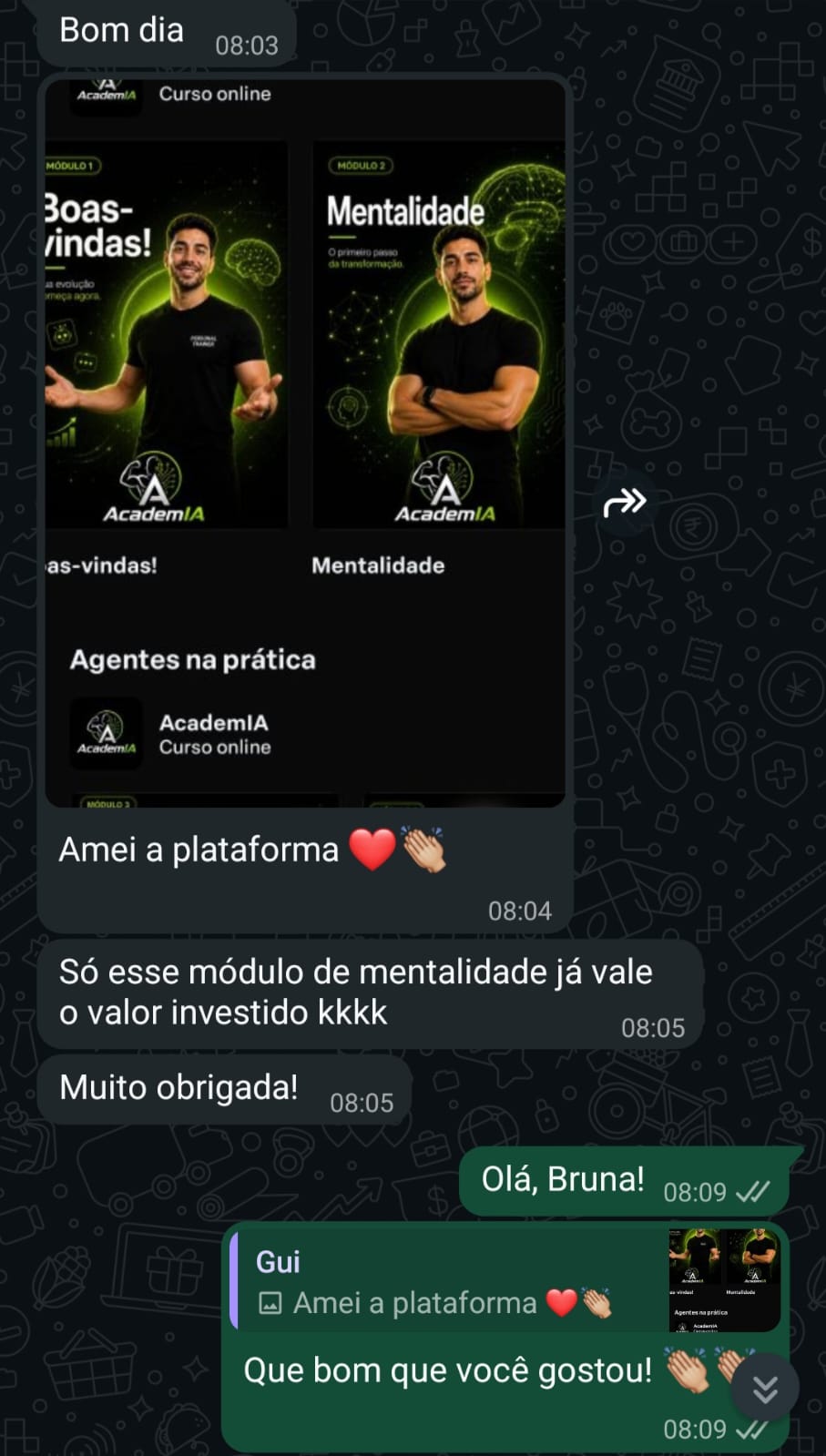 Mensagem de aluno da AcademIA no WhatsApp, depoimento 5
