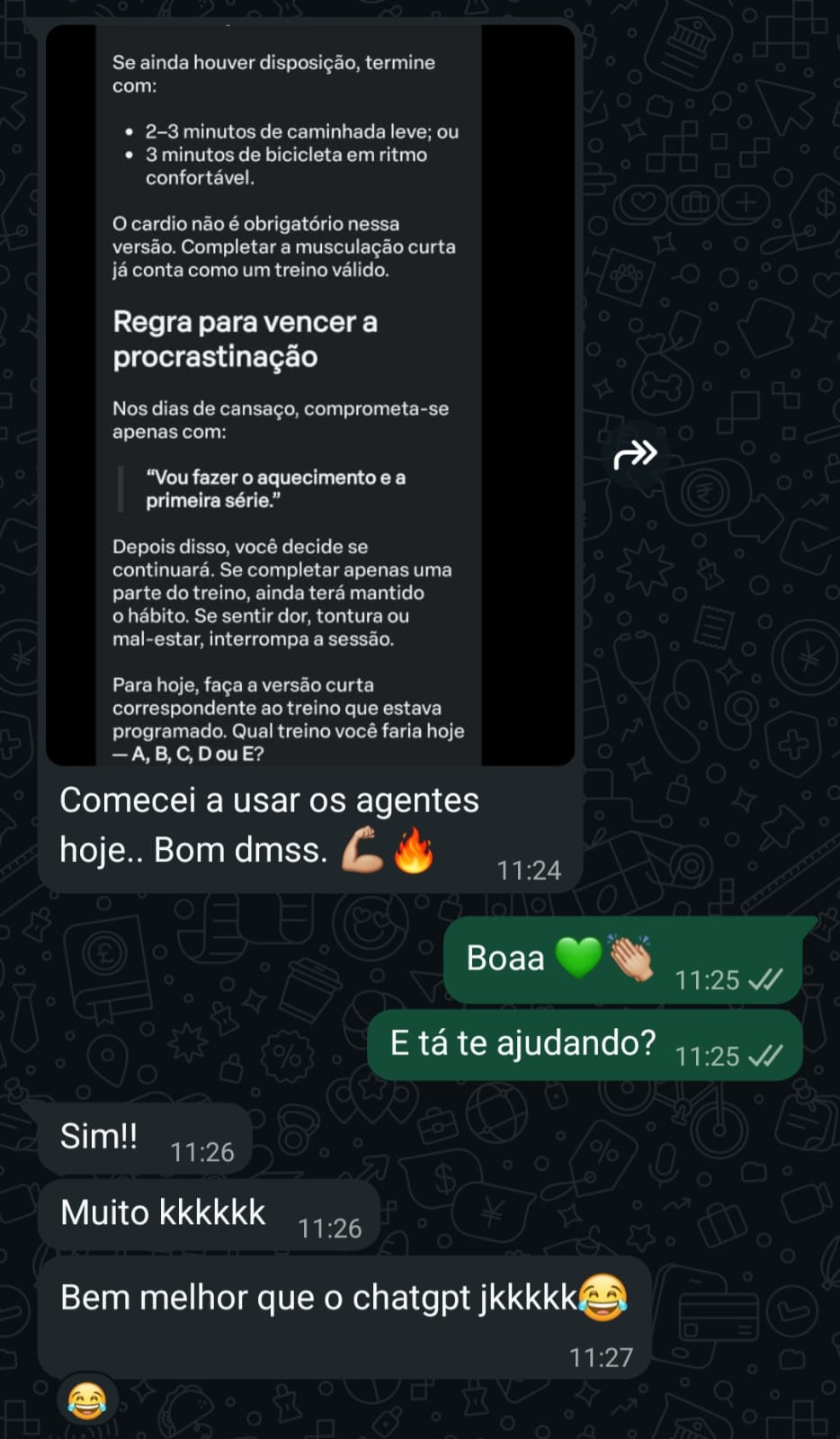 Mensagem de aluno da AcademIA no WhatsApp, depoimento 2